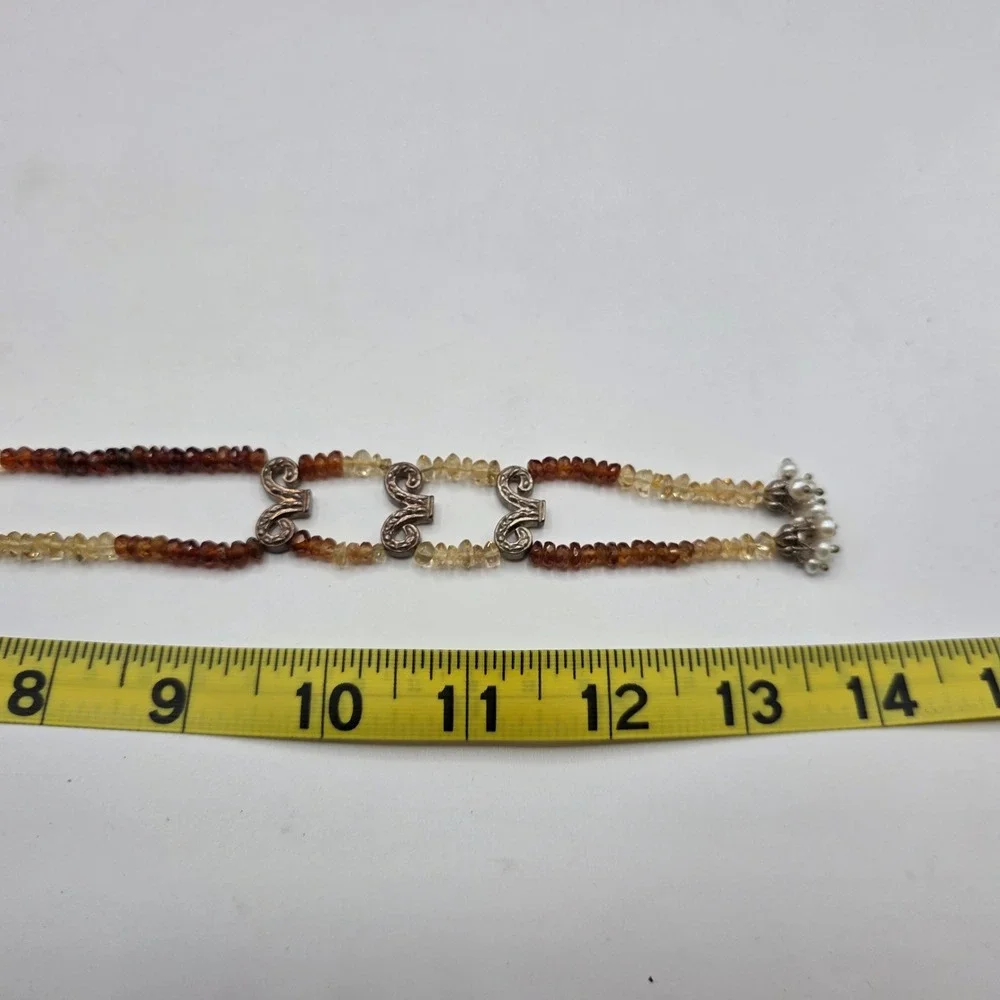 Sterling Silver Citrine Garnet Style Beaded Lariat Necklace Pearl Tassels 28